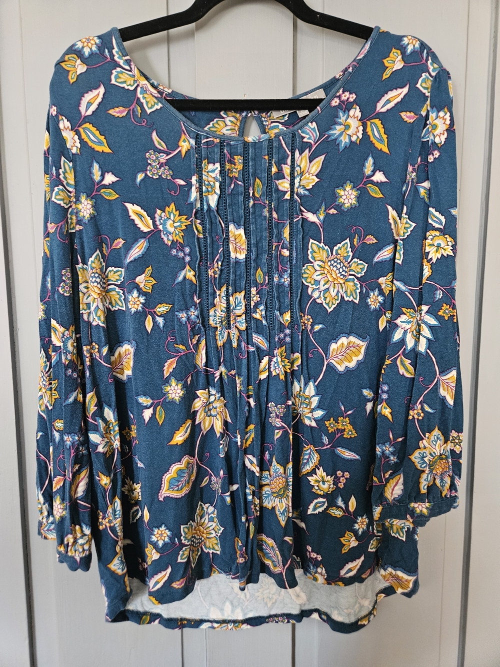 Daniel Rainn Teal Floral Pintuck Top with Pink & Yellow Accents
